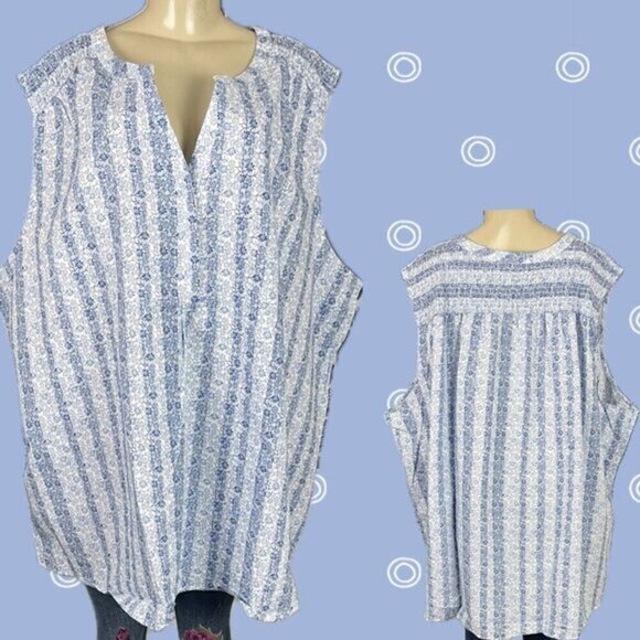 Woman Within +34/36 Blue Floral Split Neck Shirred Linen Blend Sleeveless Top - Picture 1 of 6